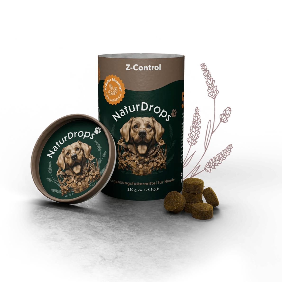 Z-Control Produkt auf transparentem Bild mit Tropfen und einem grünen Blatt im Hintergrund, Symbol für natuerlichen Schutz vor Zecken und Parasiten bei Hunden.