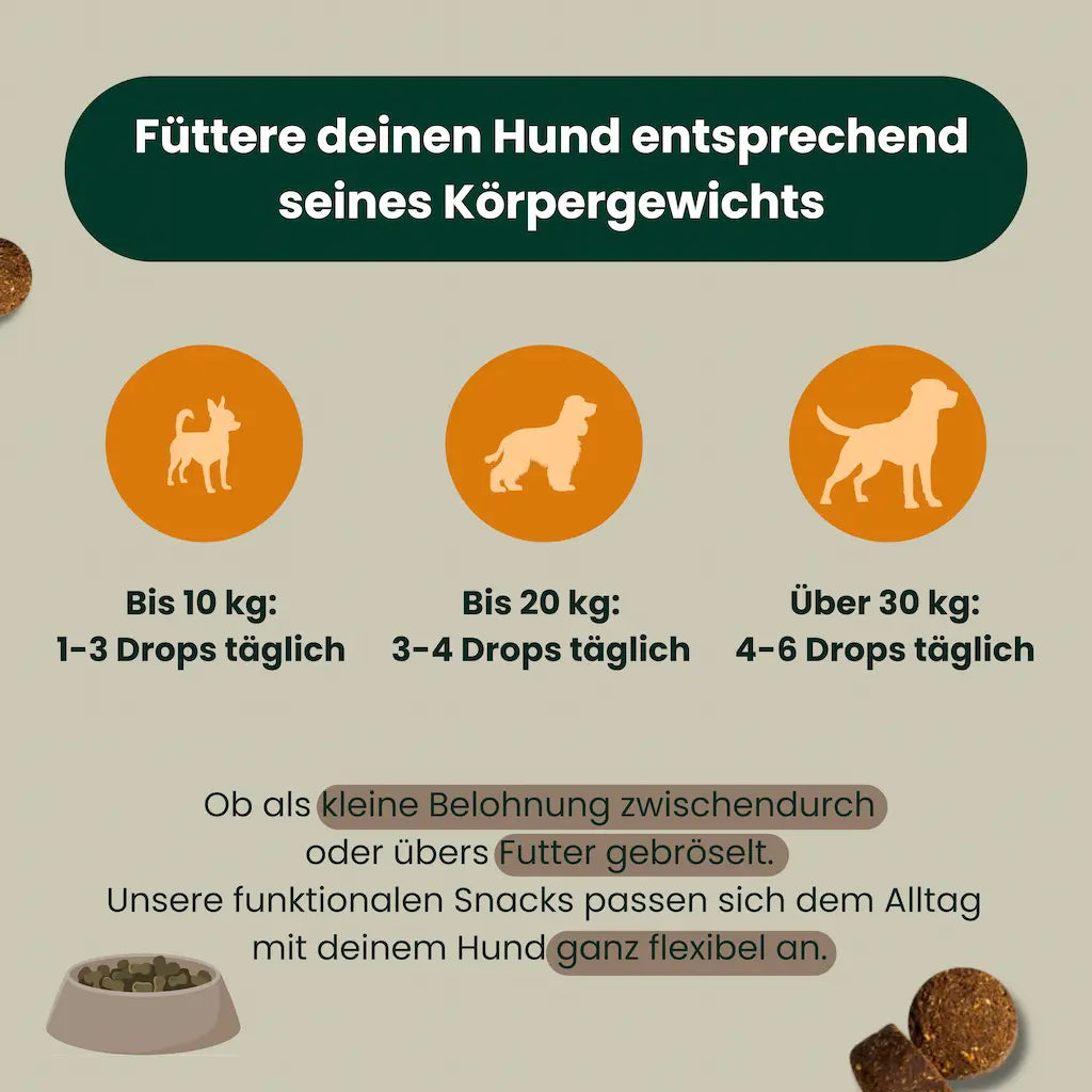 Fuetterungsempfehlung fuer Natur Drops Z-Control – natuerliche Hunde Ergaenzung zur Unterstuetzung des Immunsystems und Abwehr.