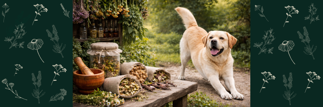 Heller Hund steht im Garten und schaut auf eine Bank mit getrockneten Kraeutern.
