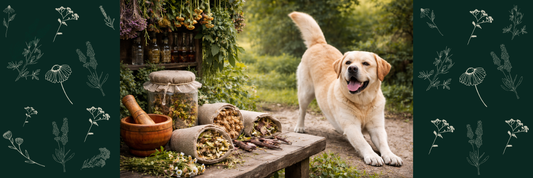 Heller Hund steht im Garten und schaut auf eine Bank mit getrockneten Kraeutern.