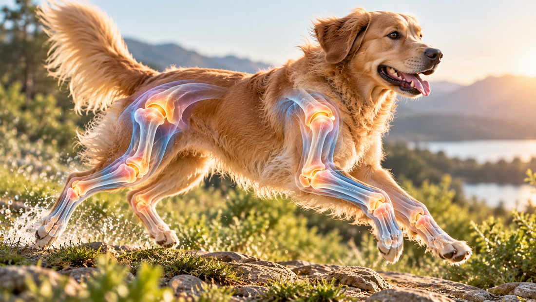 Golden Retriever läuft über Wiese, man sieht Gelenke
