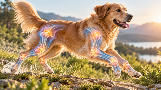 Golden Retriever läuft über Wiese, man sieht Gelenke