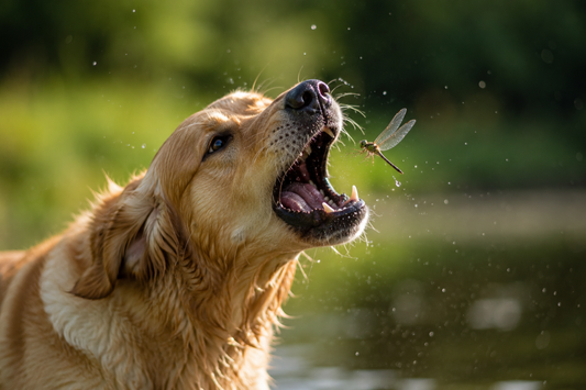 Hund schnappt Libelle im Flug