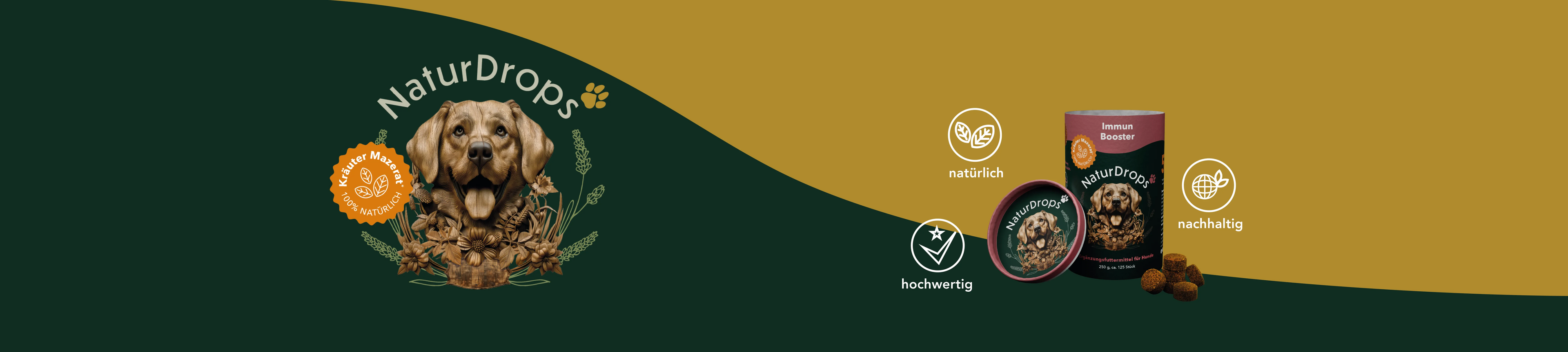 Desktop-Header mit Hunde-Portrait, Immun Booster Produkt und drei Icons: natuerlich, hochwertig, nachhaltig