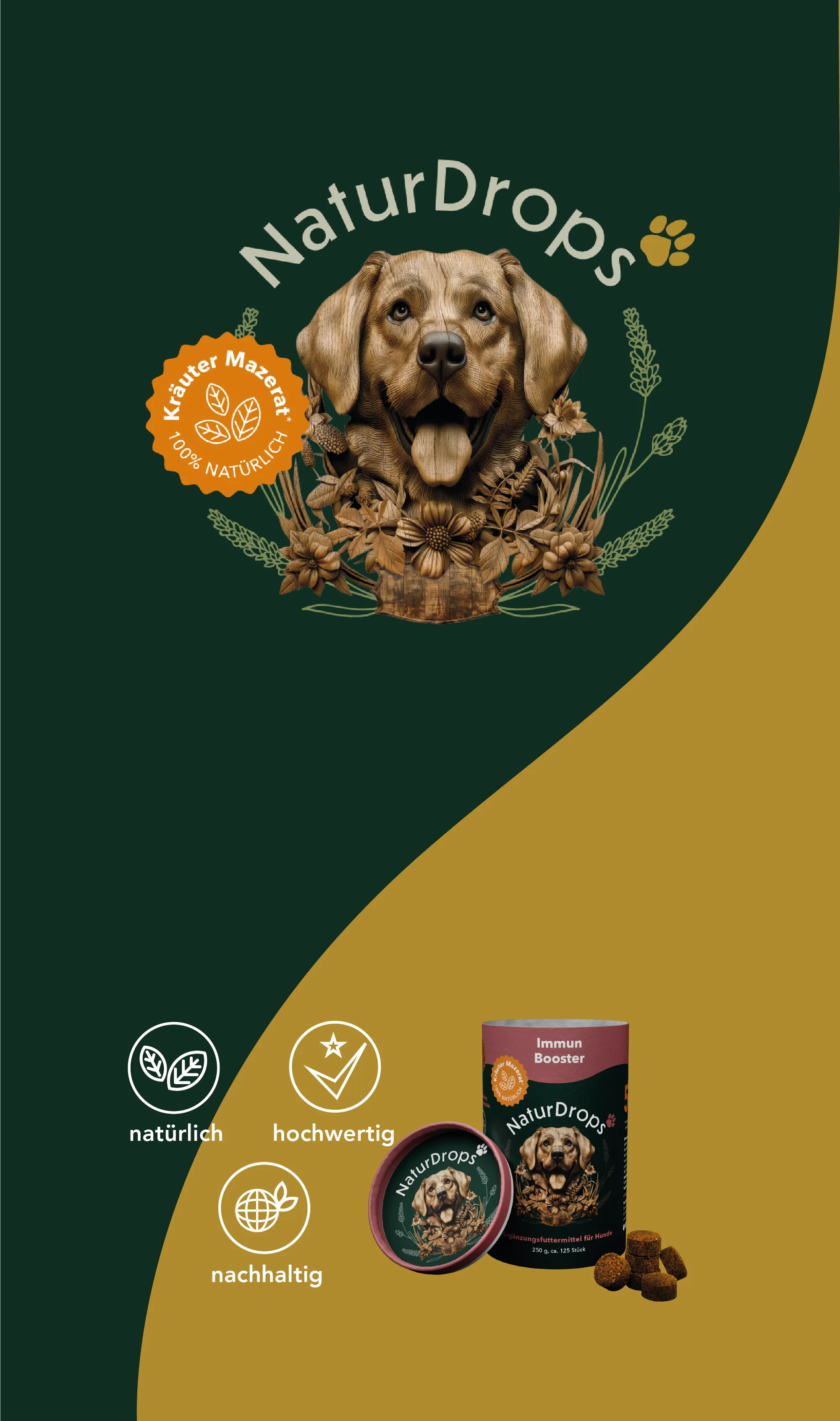 Mobiles Header-Bild mit Hunde-Portrait, Immun Booster Produkt und drei Icons: natuerlich, hochwertig, nachhaltig