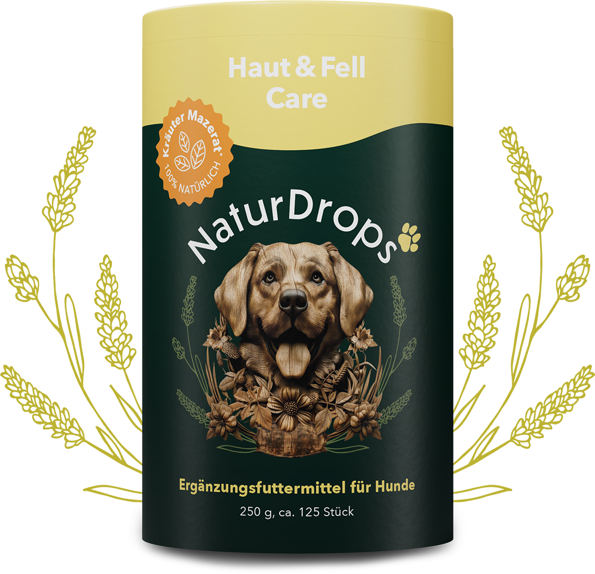 Transparentes Produktbild von Haut & Fell Care mit sichtbaren Tropfen und einem Blatt im Hintergrund, Symbol fuer natuerliche Pflege und glaenzendes Fell bei Hunden.