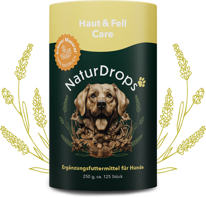 Transparentes Produktbild von Haut & Fell Care mit sichtbaren Tropfen und einem Blatt im Hintergrund, Symbol fuer natuerliche Pflege und glaenzendes Fell bei Hunden.