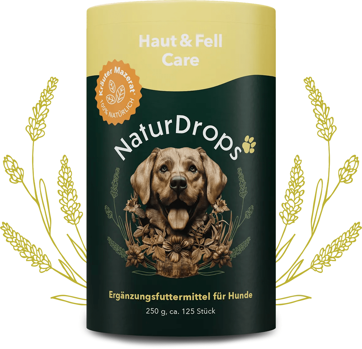Transparentes Produktbild von Haut & Fell Care mit sichtbaren Tropfen und einem Blatt im Hintergrund, Symbol fuer natuerliche Pflege und glaenzendes Fell bei Hunden.