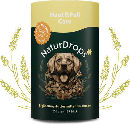 Transparentes Produktbild von Haut & Fell Care mit sichtbaren Tropfen und einem Blatt im Hintergrund, Symbol fuer natuerliche Pflege und glaenzendes Fell bei Hunden.