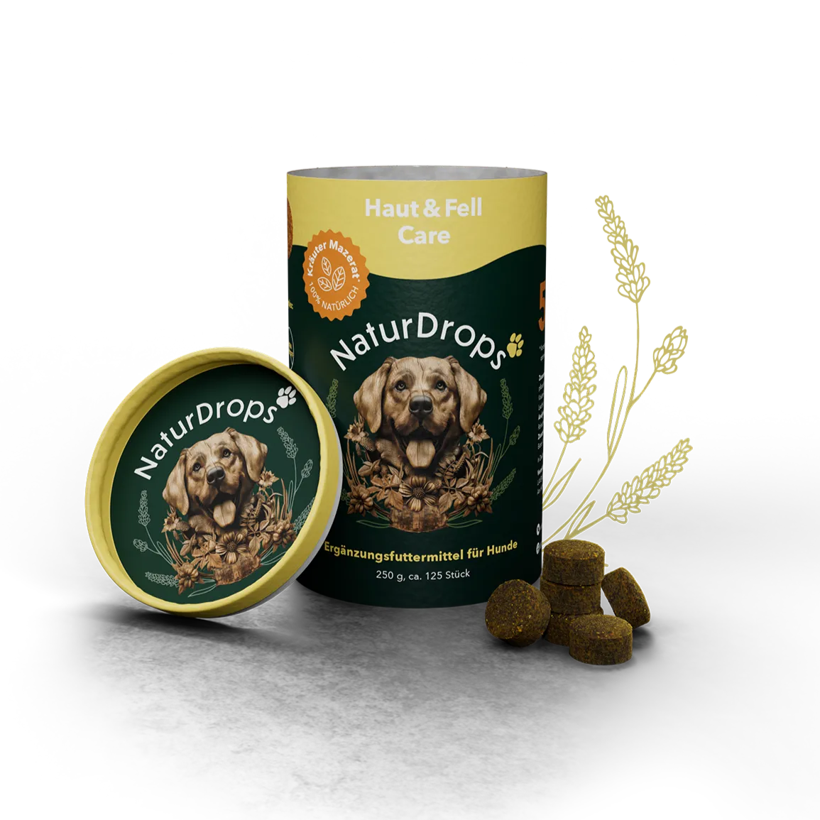 Transparentes Produktbild von Haut & Fell Care mit sichtbaren Tropfen und einem Blatt im Hintergrund, Symbol fuer natuerliche Pflege und glaenzendes Fell bei Hunden.