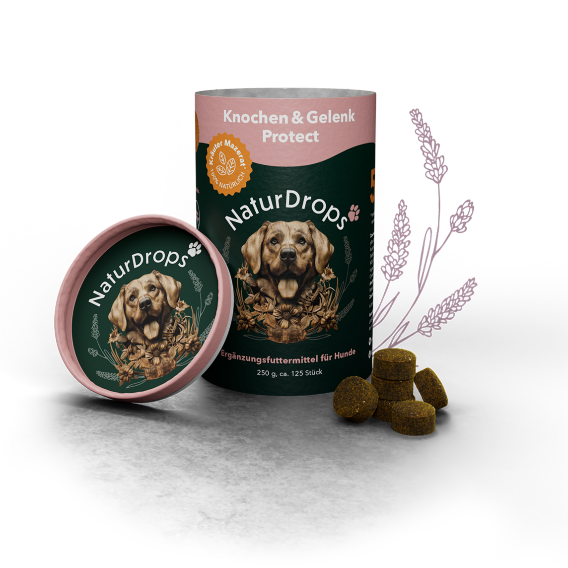 Transparentes Produktbild von Knochen & Gelenk Protect mit natürlichen Drops und Blatt-Element im Hintergrund, für gesunde Gelenke und Knochen bei Hunden.