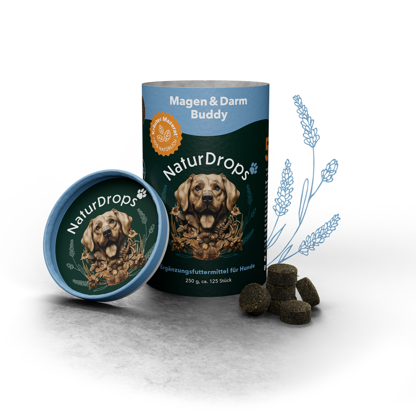 Transparentes Produktbild von Magen & Darm Buddy mit Drops und Blatt, natürliche Hilfe für die Magen-Darm-Gesundheit von Hunden.