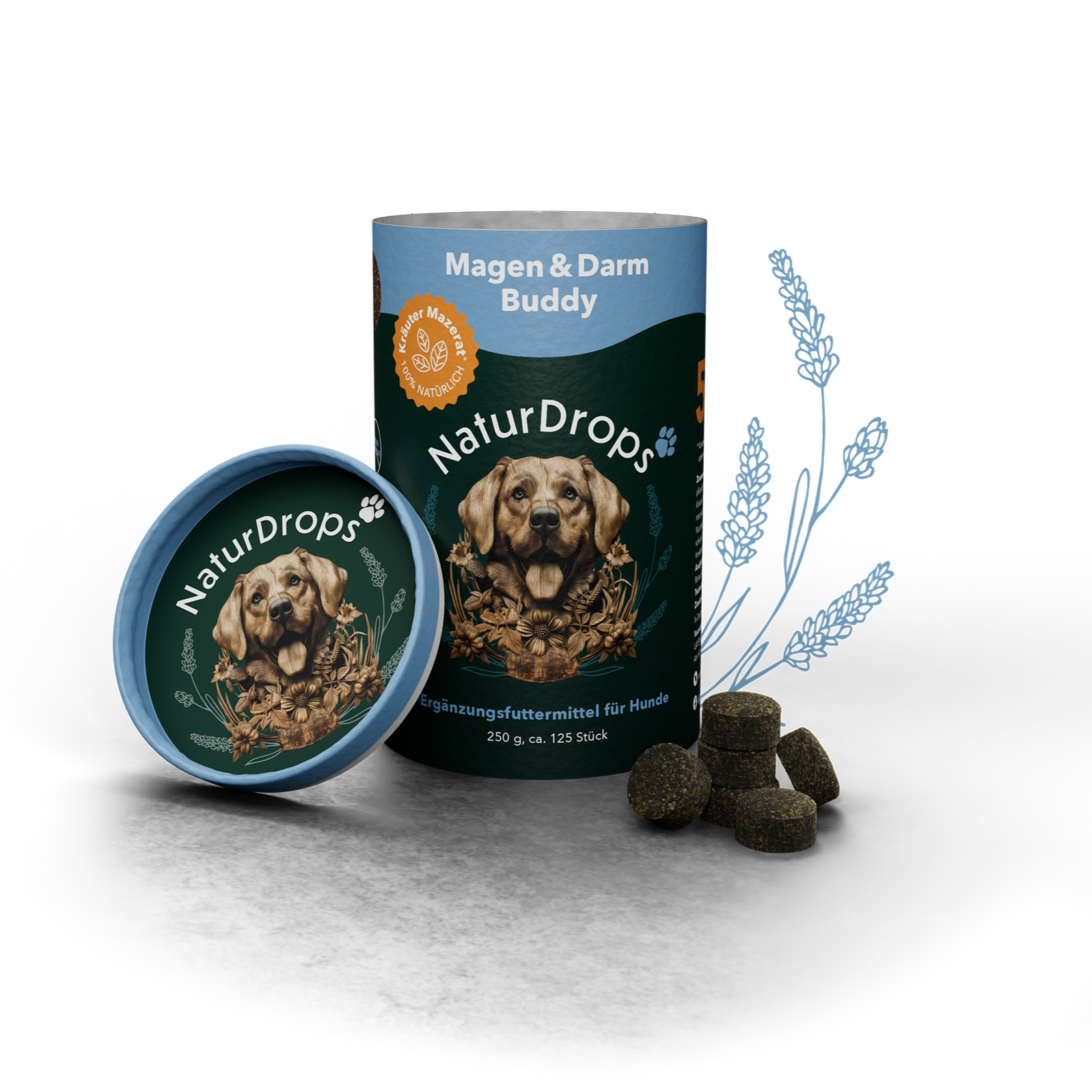 Transparentes Produktbild von Magen & Darm Buddy mit Drops und Blatt, natürliche Hilfe für die Magen-Darm-Gesundheit von Hunden.
