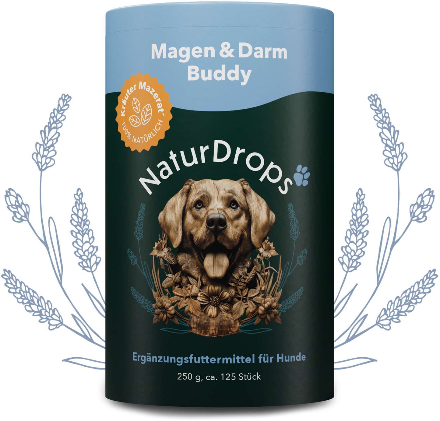 Zahn & Maul Hero Spray auf transparentem Hintergrund mit Blatt im Hintergrund, für natuerliche Maulhygiene und Zahnpflege bei Hunden.