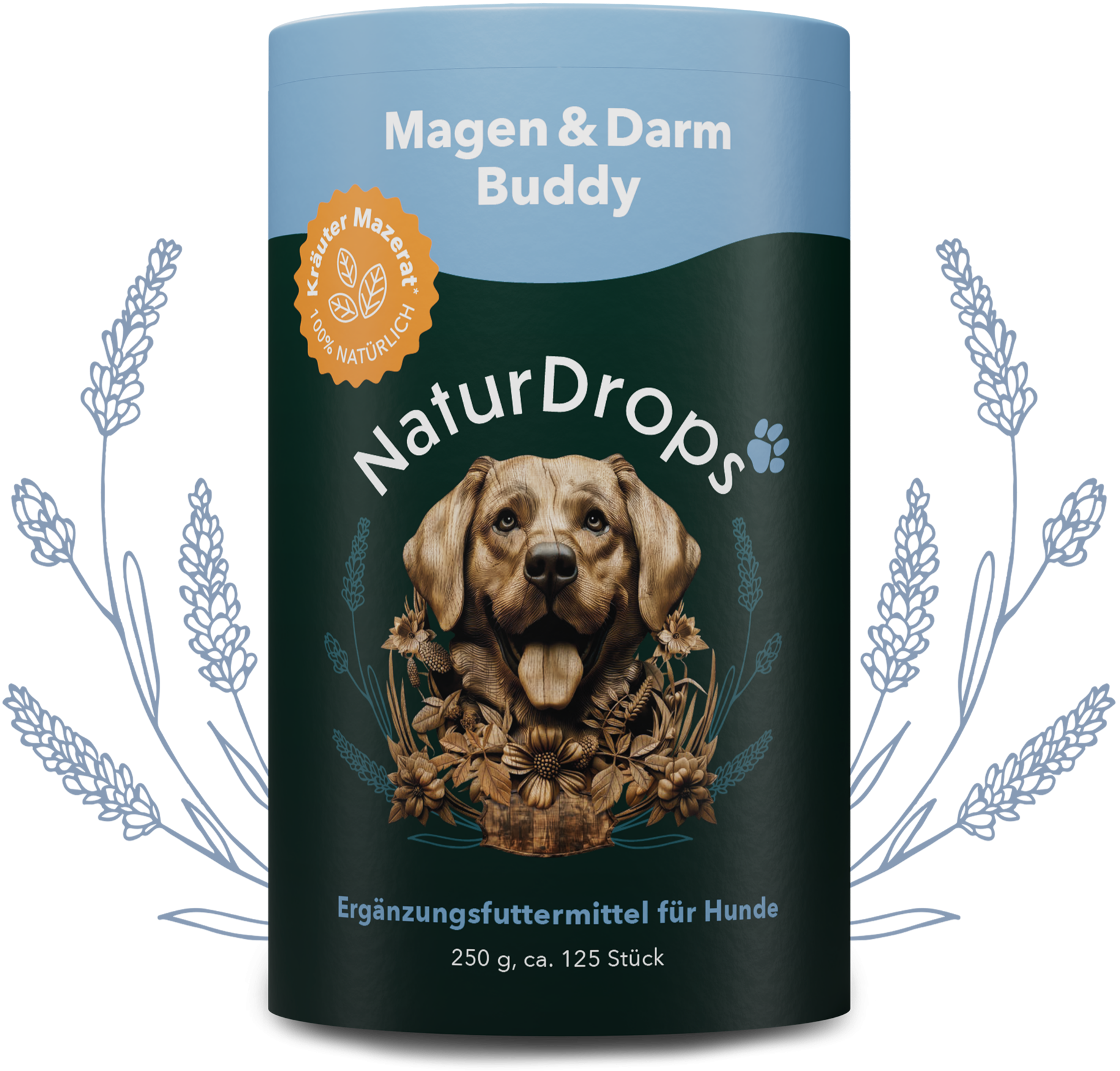 Zahn & Maul Hero Spray auf transparentem Hintergrund mit Blatt im Hintergrund, für natuerliche Maulhygiene und Zahnpflege bei Hunden.