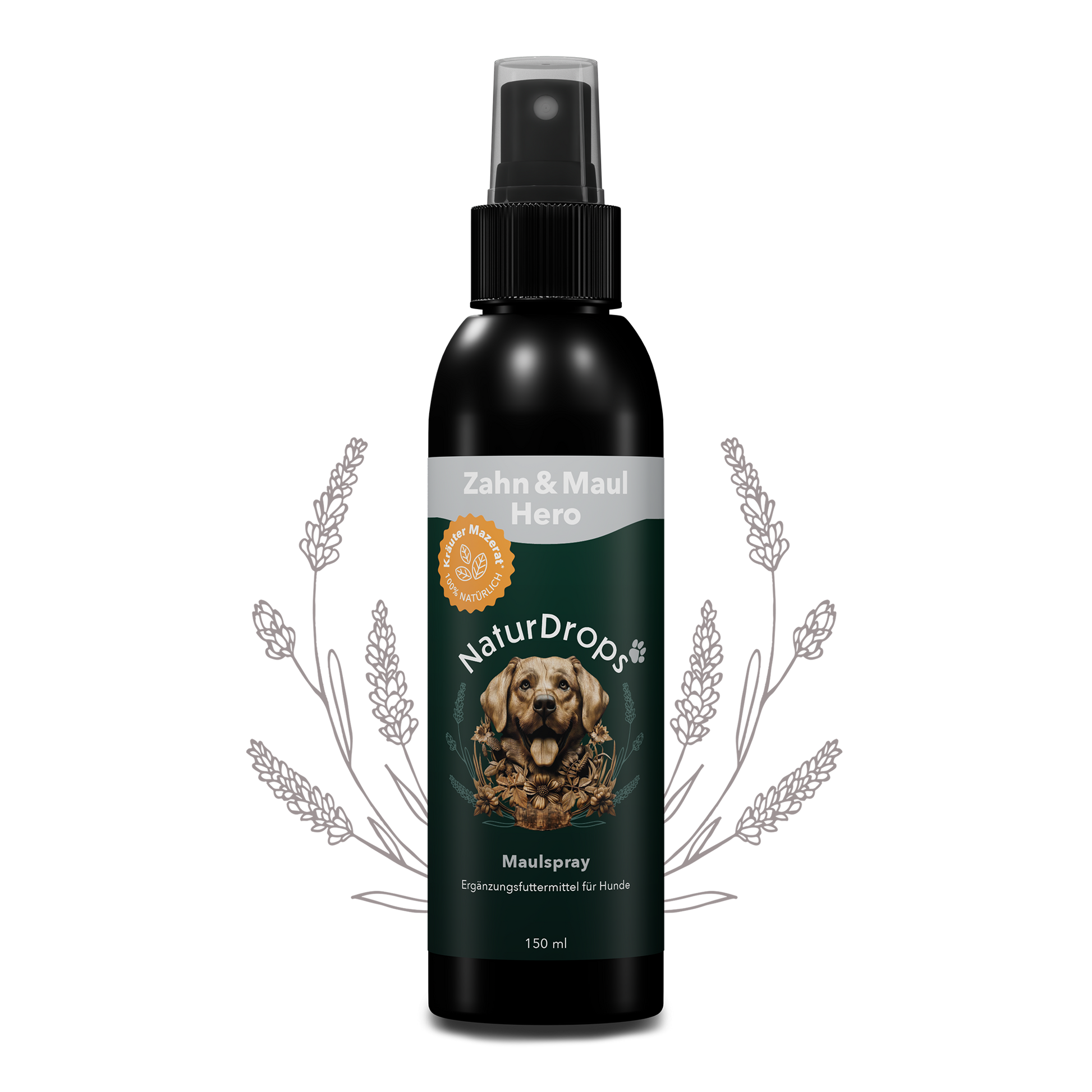 Zahn & Maul Hero Spray auf transparentem Hintergrund mit Blatt im Hintergrund, für natuerliche Maulhygiene und Zahnpflege bei Hunden.