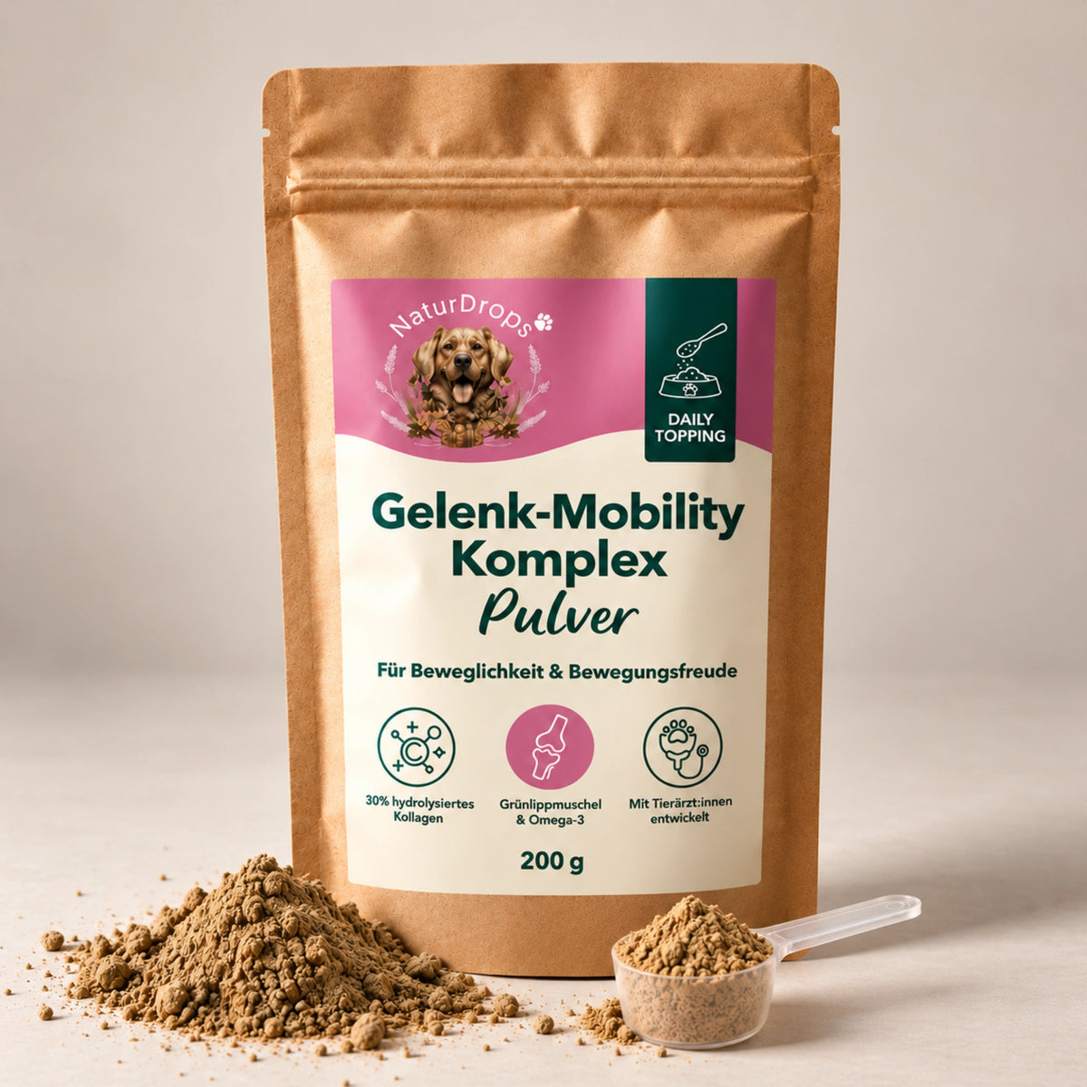 Gelenk-Mobility Komplex Pulver 200 g mit Dosierlöffel und Pulver