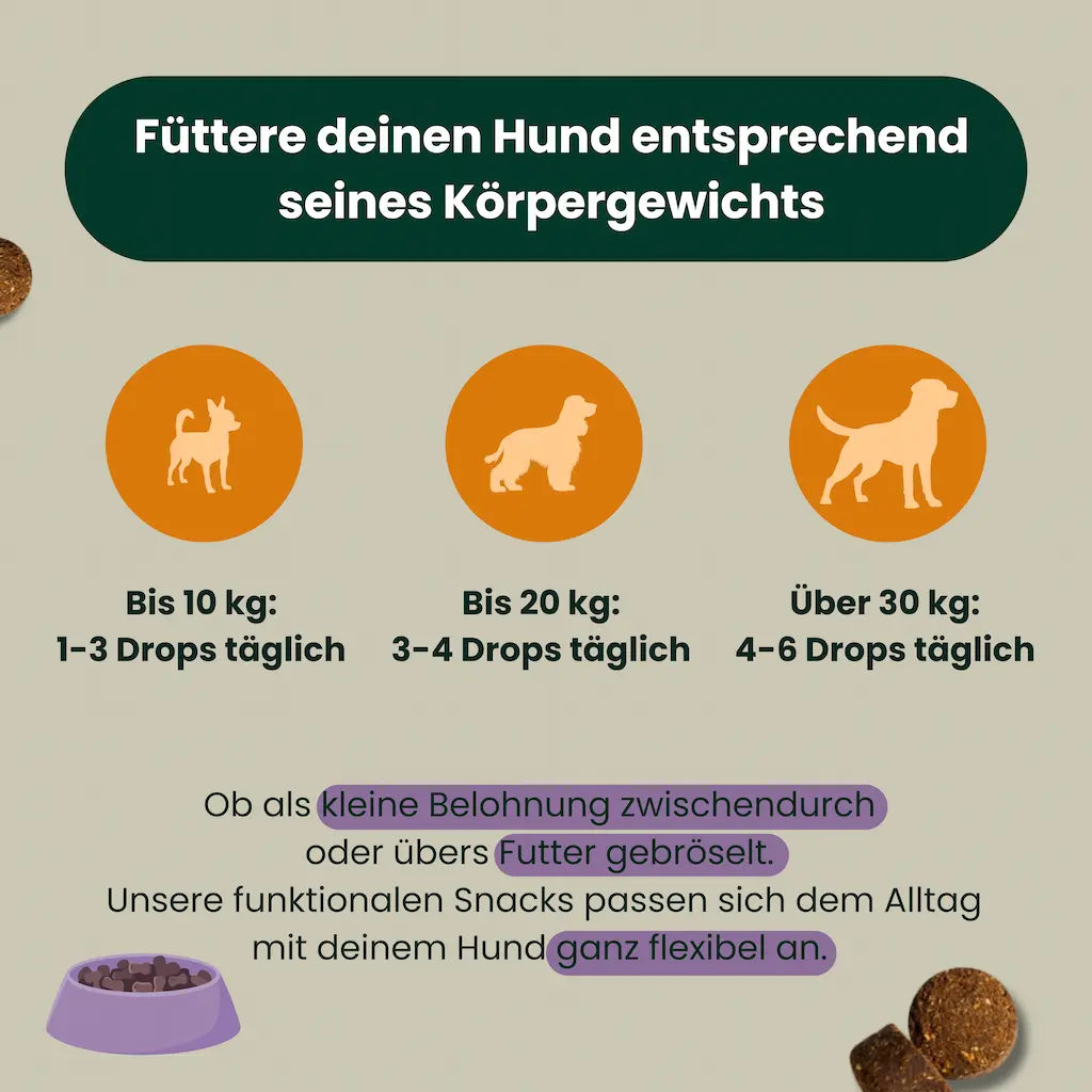 Fuetterungsempfehlung fuer Natur Drops Innere Ruhe und Balance – natuerliche Hunde Ergaenzung für Gelassenheit und Entspannung.