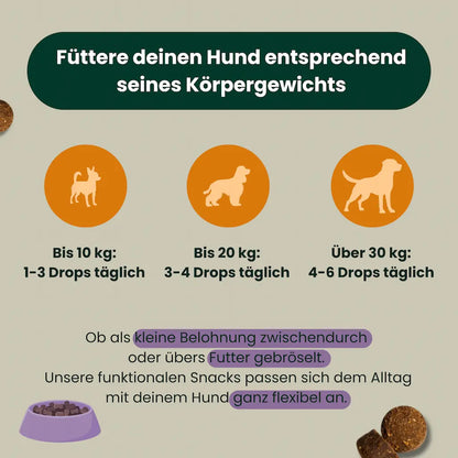 Fuetterungsempfehlung fuer Natur Drops Innere Ruhe und Balance – natuerliche Hunde Ergaenzung für Gelassenheit und Entspannung.
