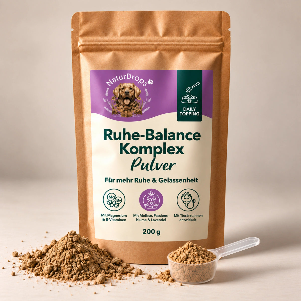 Ruhe-Balance Komplex Pulver 200 g mit Dosierlöffel und Pulver