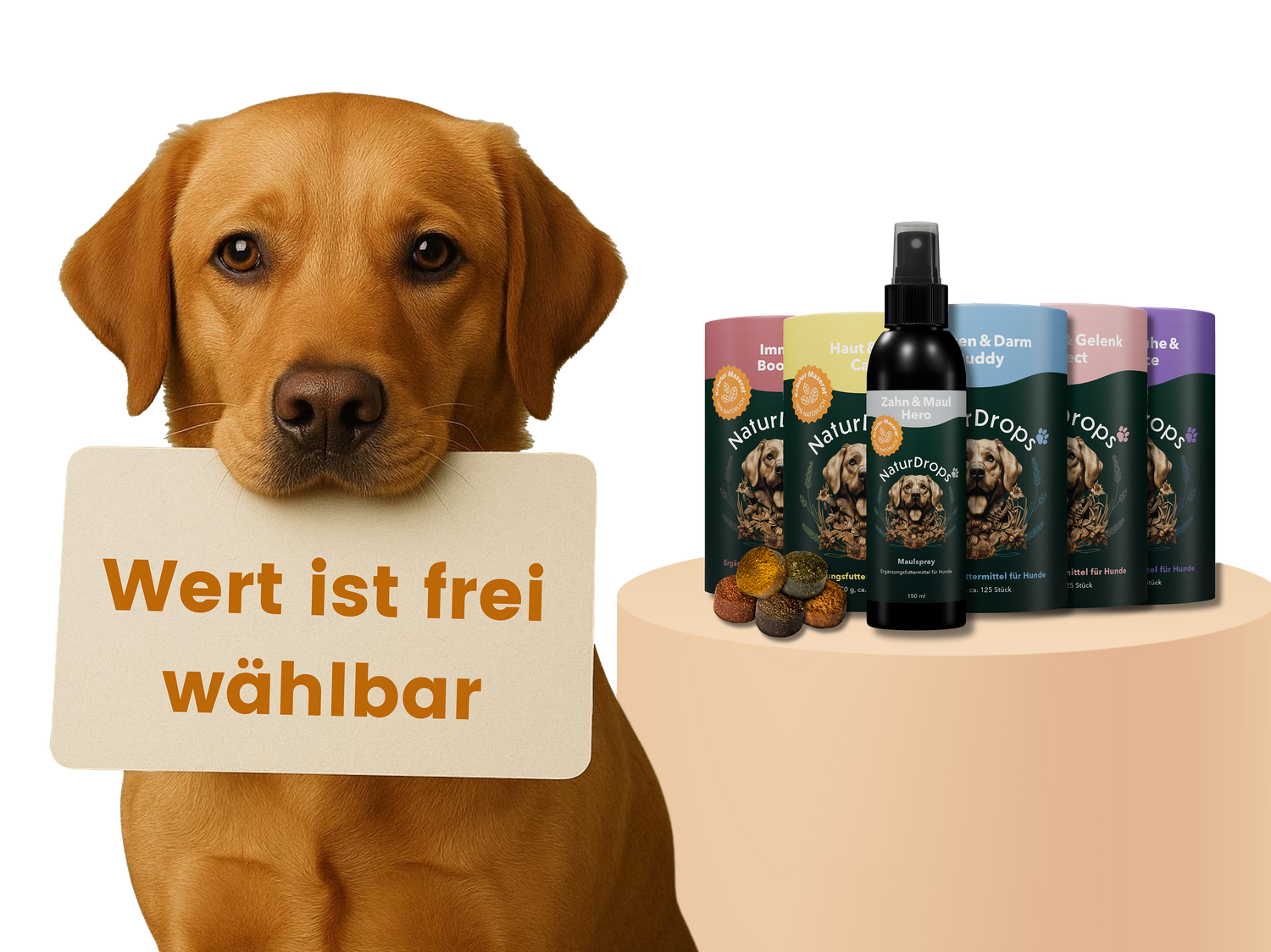 Hund haelt eine Karte im Maul, der Gutscheinwert ist frei waehlbar und die Naturdrops Produkte sind im Hintergrund zu sehen